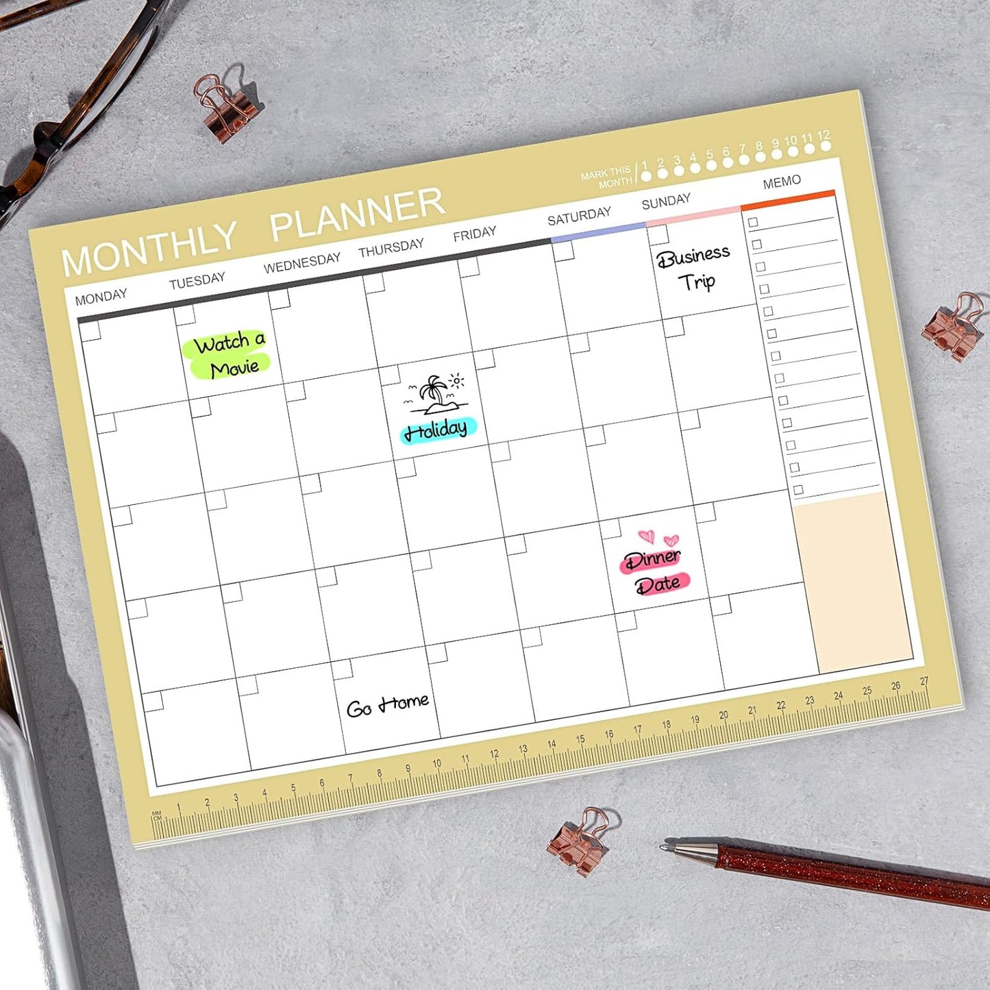 Phyxin Undated Planner, 54 Sheets Blank Calendar, 11.2" x 8.3" Monthly Calendar Planner, Tear Off Undated Monthly Planner with Memo for Women, Students, Teachers, Yellow