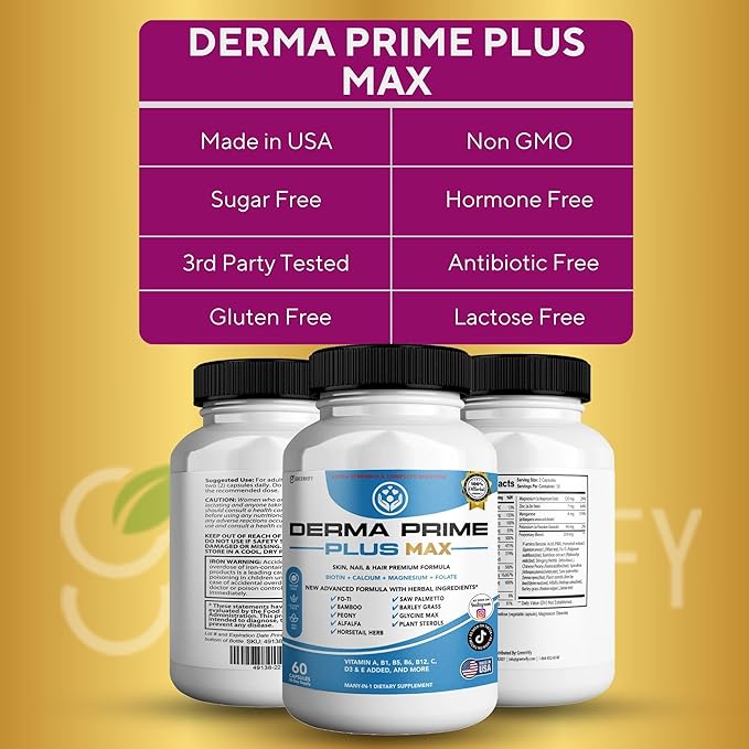 Derma Prime Plus Max Hair Skin Nail Supplement, 60 Capsules, with Biotin 5000mcg, Vitamins, Minerals, Herbal Blend (1)
