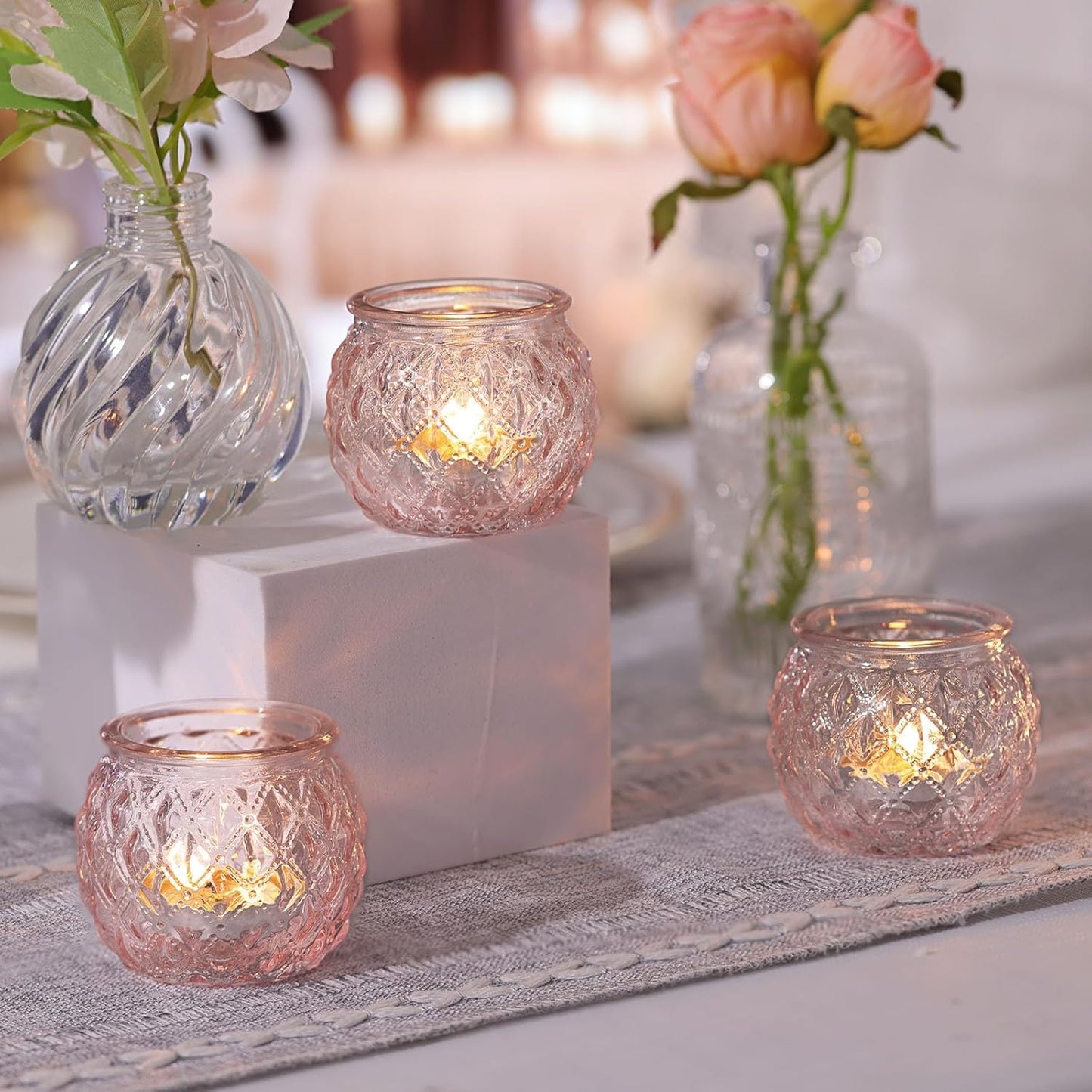DARJEN 12Pcs Pink Votive Candle Holders - Round Glass Candle Holders for Flameless LED Tea Waxes, Romantic Candle Holder for Wedding & Home Table Decor, Various Parties