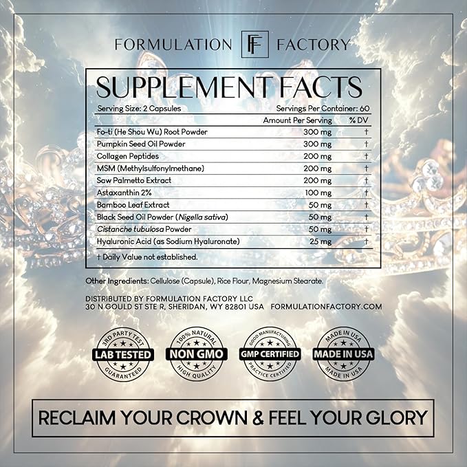 Crown of Glory 10-in-1 Hair Growth Maximizer, DHT Blocker with Saw Palmetto, Fo-Ti, Collagen, Supports Thicker Hair & Scalp Health (2 Month Supply, 120 Capsules)