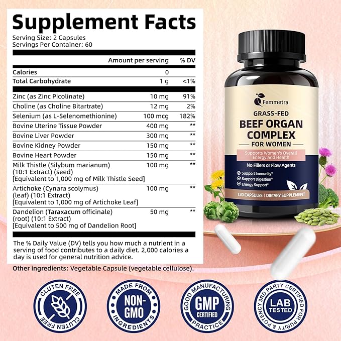 Female-Optimized Beef Organ Complex Superfood Supplement, Beef Liver, Kidney, Heart, Uterus & 6 More, Balance Hormones, Energy & Women's Overall Wellness, with Milk Thistle, Zinc, Grass-Fed, 60 Day