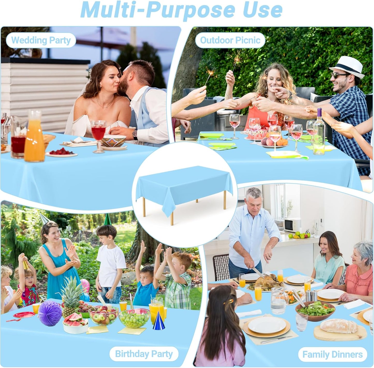 4 PCS SkyBlue Plastic Tablecloth, 54" x 108" Waterproof Picnic Table Cover for Indoor Outdoor, Disposable Stain Resistant Table Cloth of Baptism Decorations, Picnic Camping Party Essentials