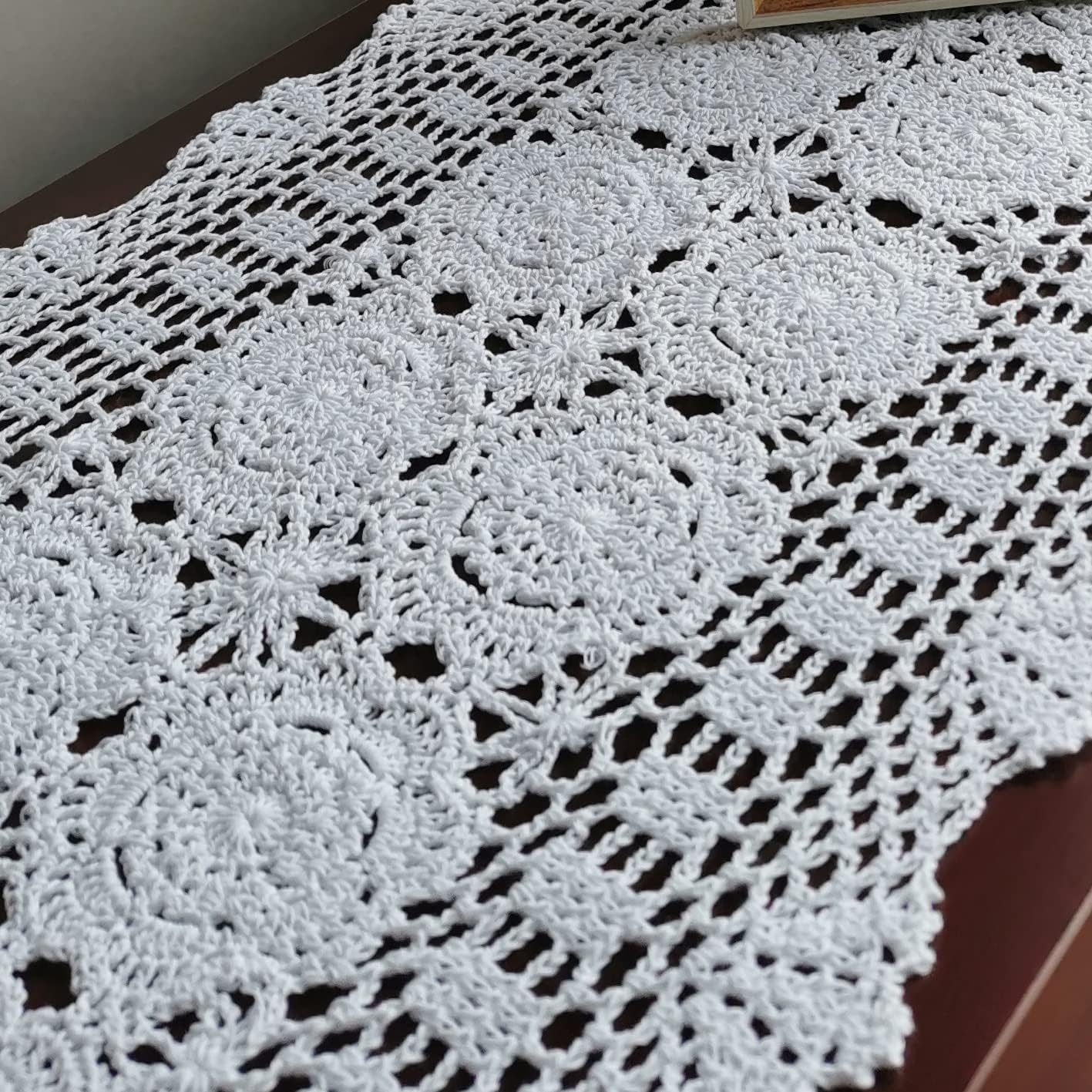 Phantomon Lace Table Runner Rectangular Table Cover Cloth Handmade Crochet Floral Placemats 100% Cotton (Floral White, 15x39Inch)
