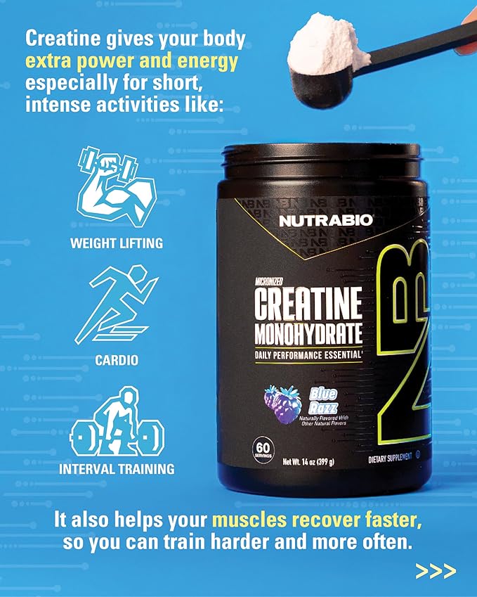 NutraBio Pure Micronized Creatine Monohydrate Powder Supplement, Blue Razz Burst(300 g) - Supports Bulk Muscle Energy, Recovery, and Strength - HPLC Tested Creatine Powder Supplement for Men and Women