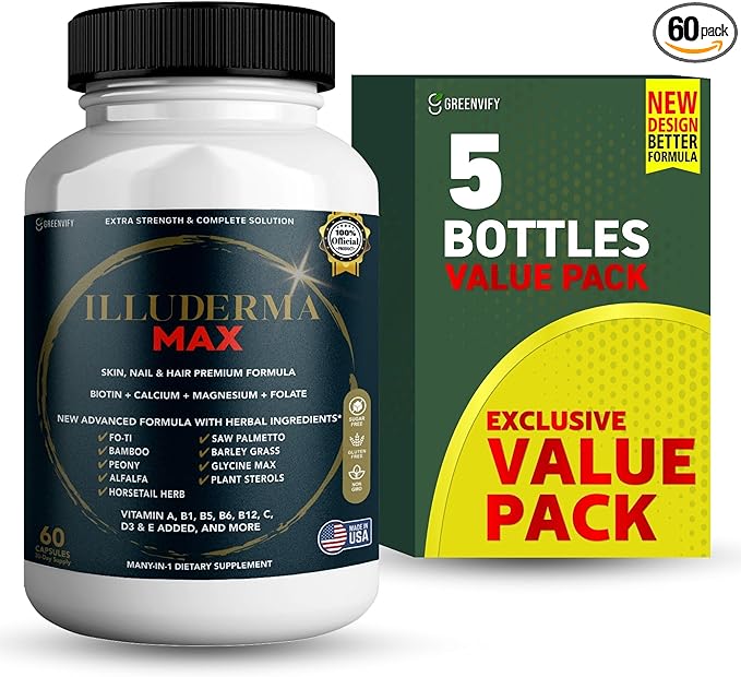 Illuderma Max Hair, Skin and Nail Supplement, 60 Capsules, with Biotin 5000mcg, Vitamins and Herbal Blend (5)