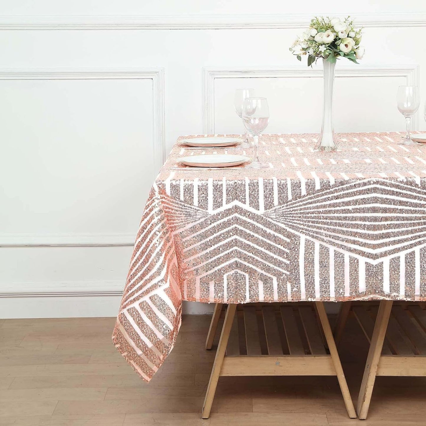Efavormart 72" Blush Rose Gold Sparkly Sequin Geometric Tulle Square Table Overlay