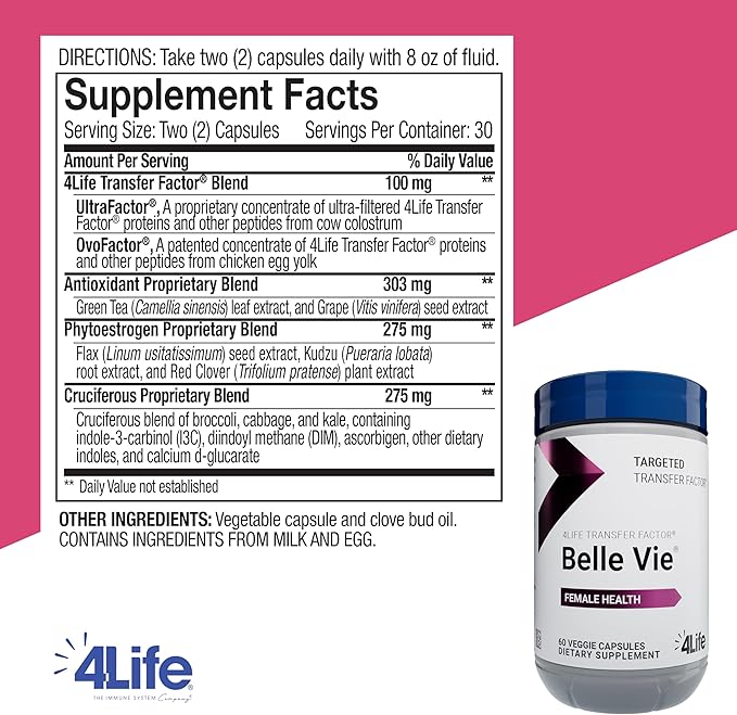 4Life Transfer Factor Belle Vie - Supports Women's Reproductive Health with Phytoestrogen Blend of Kudzu, Flax, and Red Clover - 60 Veggie Capsules