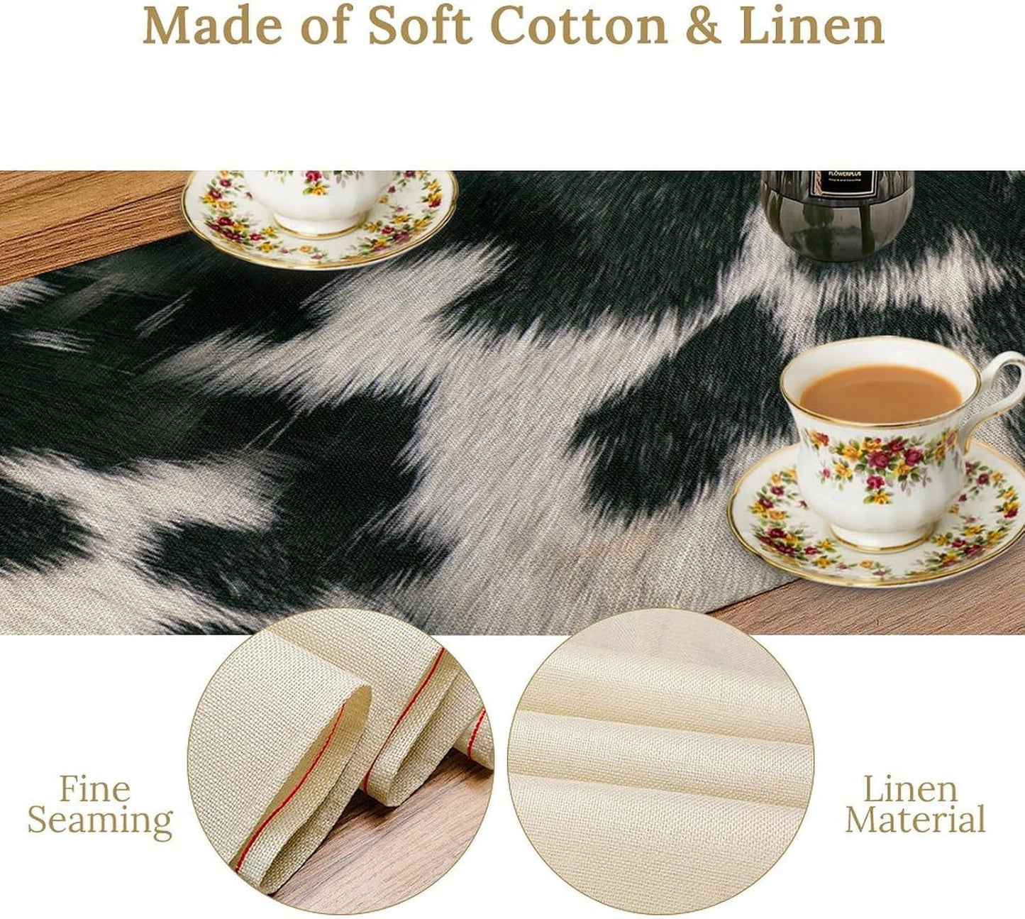 Cow Skin Print Table Runner, Rustic Country Farm Fur Skin Cowhide Pattern Western Style Black White Print Table Runner for Home Kitchen Dinning, 13x60 Inch