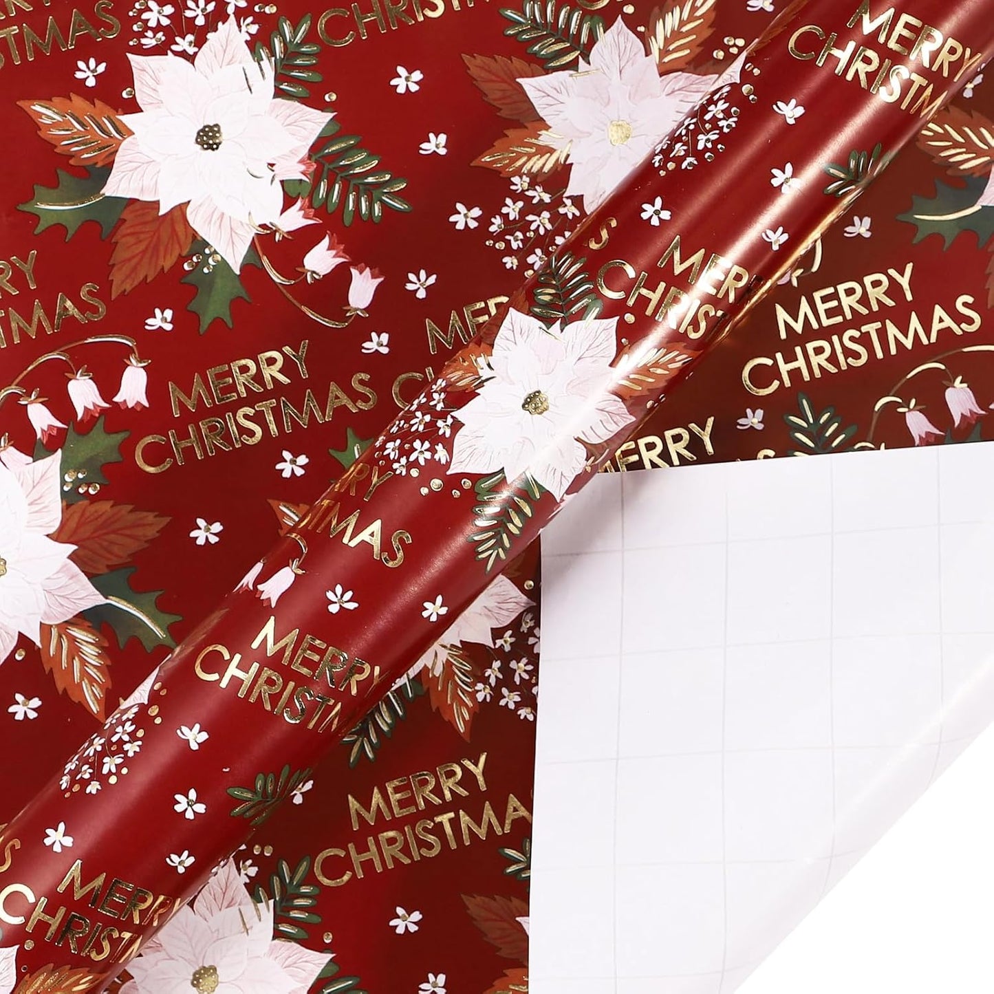 LeZakaa Christmas Wrapping Paper Roll - Red Flower & Merry Christmas Gold Foil Pattern for Holiday, Party - 17 inches x 32.8 Feet (46.45 sq.ft.)