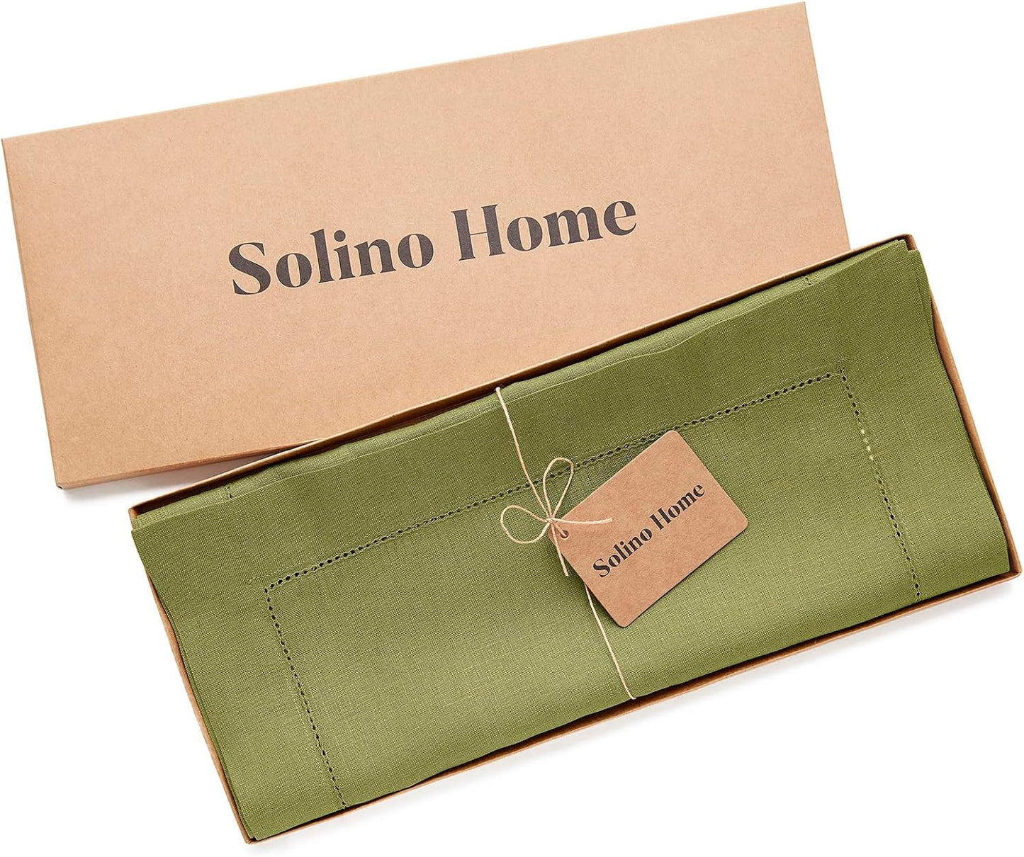 Solino Home Linen Avocado Green Hemstitch Table Runner 48 Inches - 100% Pure Linen Small Table Runner 14 x 48 Inch Ideal for Dresser and Coffee Tables - Classic Hemstitch - Fall, Autumn, Thanksgiving