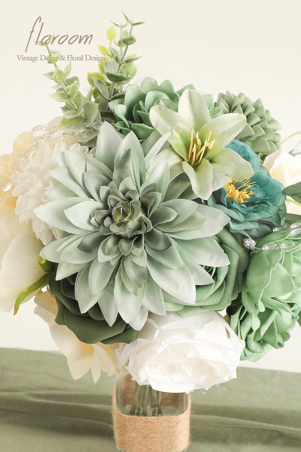 Floroom Sage Green Artificial Flowers Fake Roses Peonies Dahlia Greenery Combo Box Set for DIY Wedding Bouquets Bridal Shower Centerpieces Floral Arrangements Party Tables Home Decoration