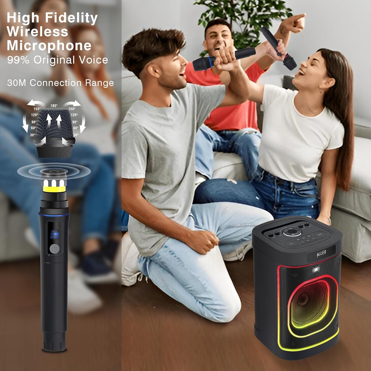 BeatGhost Karaoke Machine Portable Bluetooth Party Speaker 2 Rechargeable Wireless Microphones for Adults Kids 8" Subwoofer 225W Peak Powerful Loud Bass, LED Lights, TF USB AUX TWS