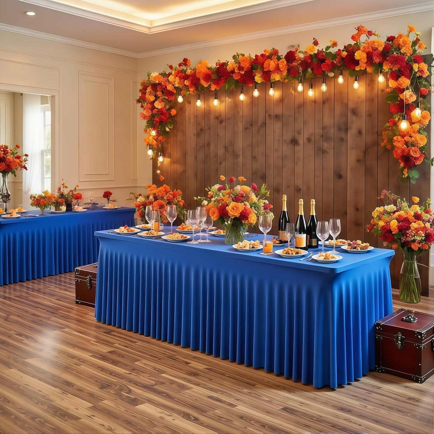 Wish Care 6 Pack Royal Blue Spandex Table Clothes for 6 Foot Rectangle Tables, 6FT Wrinkle Free Fitted Tablecloths Ruffles Design Table Cloth for Party, Banquet, Wedding and Events