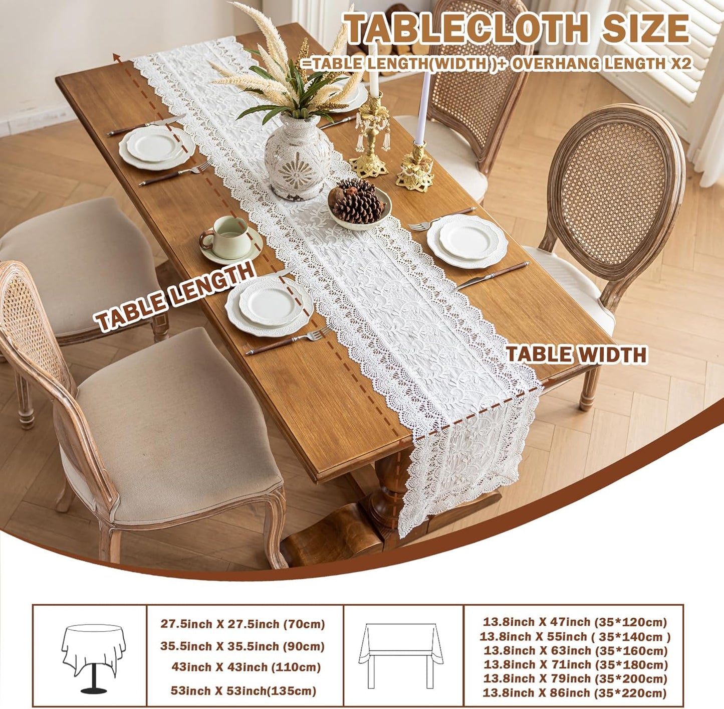 White Elegant Vintage Lace Table Runner,Wedding Lace Decor with Floral Embroidery,Tea Party Decor (White, 13.8X63 Inches)