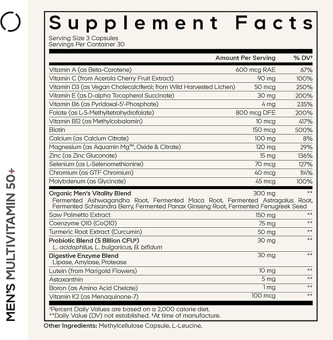 Codeage Men's Multivitamin 50+ Supplement - Essential Vitamins for Men Over 50 Years Old, Minerals, CoQ10, Turmeric, Saw Palmetto, Maca, Panax Ginseng, Probiotics & Botanicals - Non-GMO - 90 Capsules