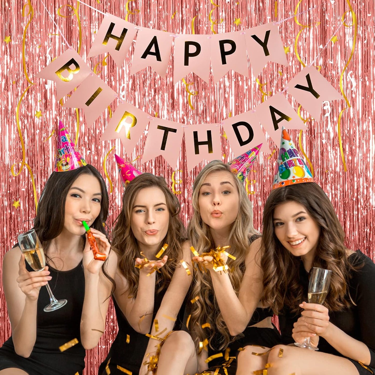 5 Pack Foil Curtain Backdrop Rose Gold Metallic Tinsel Foil Fringe Curtains Photo Booth Props for Birthday Wedding Engagement Baby Shower Bachelorette Christmas Holiday Celebration Party Decorations