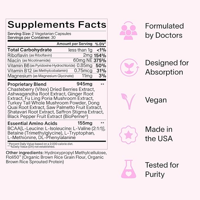 Daily Hormone Balance Capsules | Natural Cycle Support for Women | Supports Mood, Bloating, Cramps, Skin Health & Cravings | with Chasteberry, B Vitamins, Ashwagandha, Saffron & More | 60 Ct