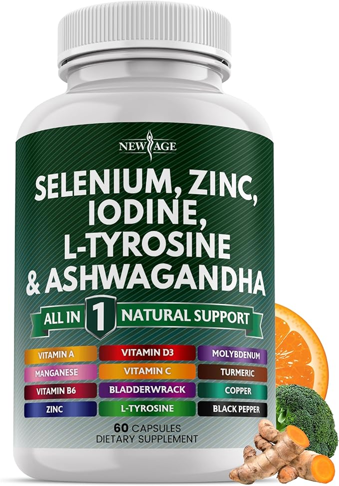 Selenium, Zinc, Iodine, L Tyrosine, Ashwagandha - Thyroid Support Supplement for Women and Men with Bladderwrack, Turmeric, Silica Kelp, Schisandra - 60 Count