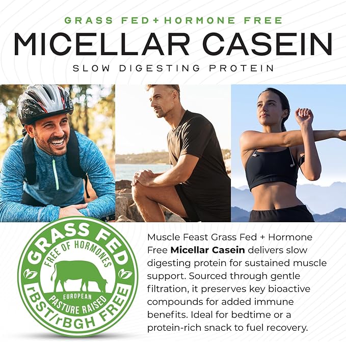 Muscle Feast Grass Fed Micellar Casein Protein Powder, Pasture Raised & Hormone Free, Slow Digesting Casein Protein - Supports Overnight Muscle Recovery, Gluten Free Protein Powder - Vanilla, 2lb
