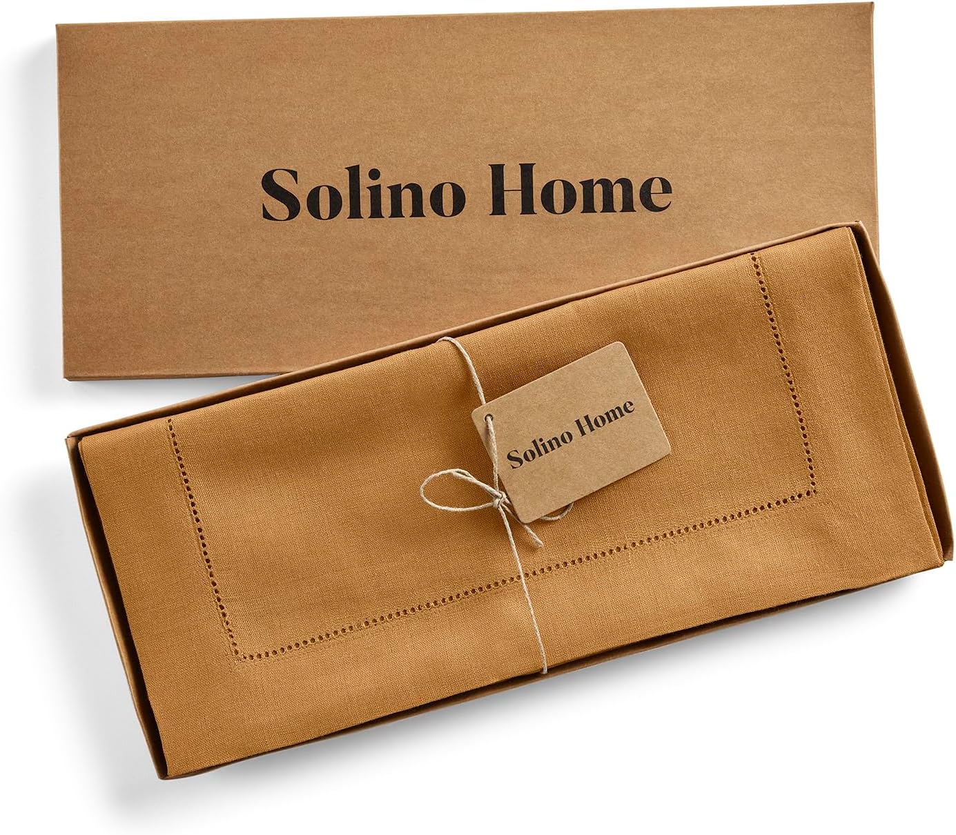 Solino Home Linen Brown Sugar Table Runner 132 Inches Long - 100% Pure Linen Extra Long Table Runner 14 x 132 Inch for Fall, Autumn, Thanksgiving - Classic Hemstitch