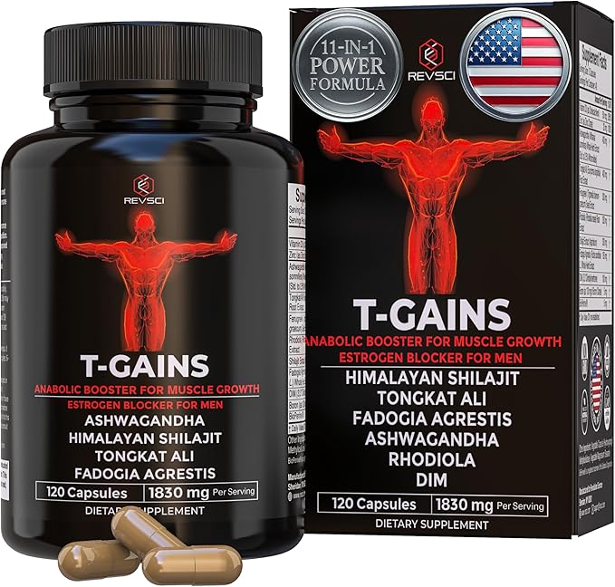 Testosterone Supplement for Men - T-GAINS Natural Testosterone Booster for Men with Longjack Tongkat Ali, Fadogia Agrestis, Shilajit - Estrogen Blocker, Mucle Builder & Vitality Support, 120 Count
