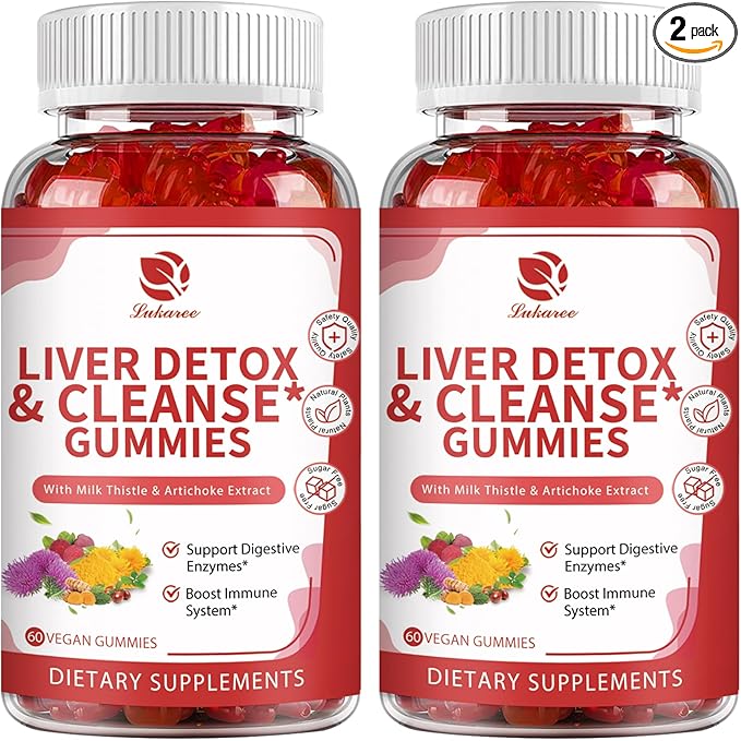 Liver Cleanse Detox & Repair Gummies - Milk Thistle, Dandelion, Artichoke Extract & Elderberry - No Sugar, Raspberry Flavor - 120 Count