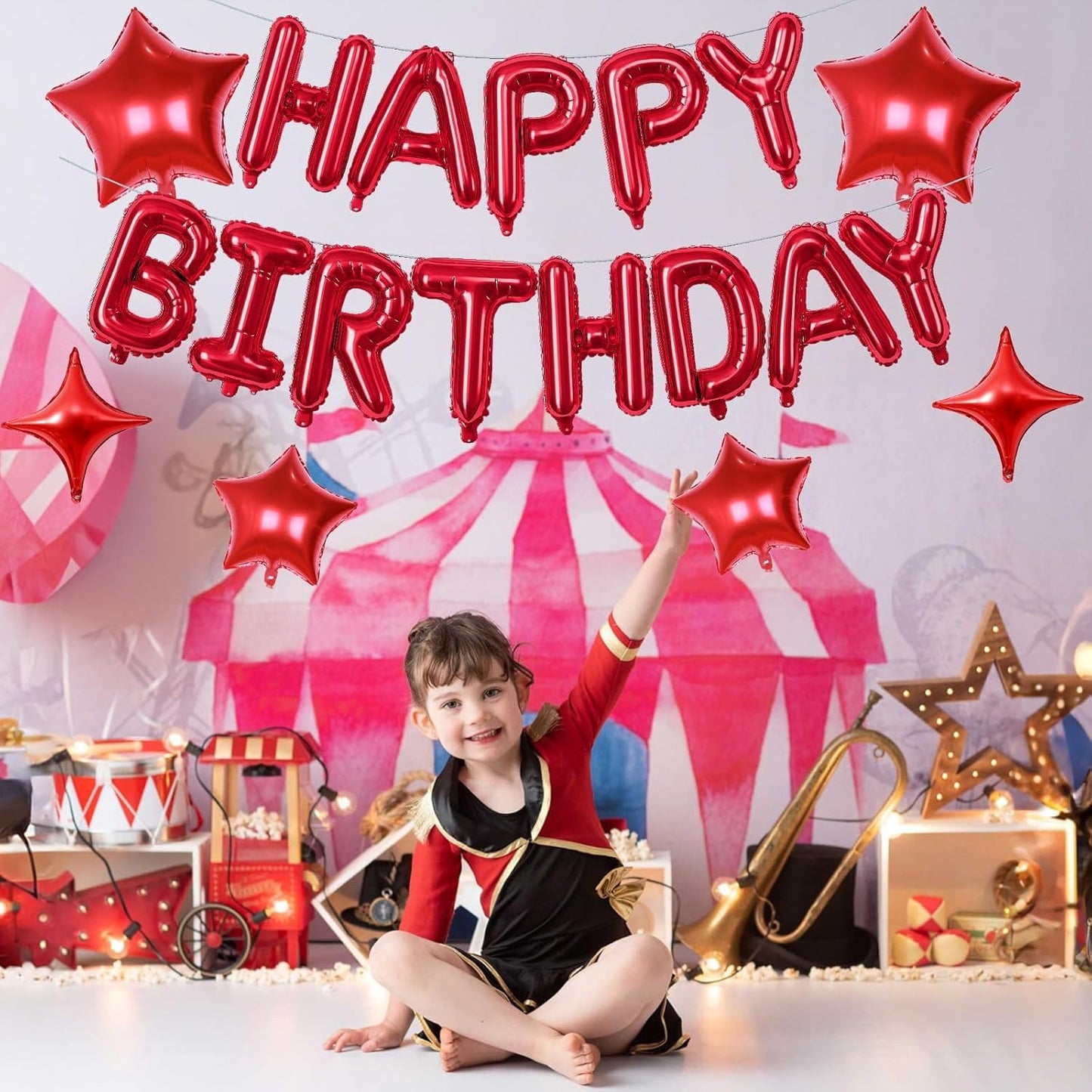 Red Happy Birthday Balloon Banner, 16 Inch Mylar Foil Letter Balloons, Reusable Birthday Decorations with Red Star Foil Balloons, Inflatable Party Supplies for Women Girls Decorations