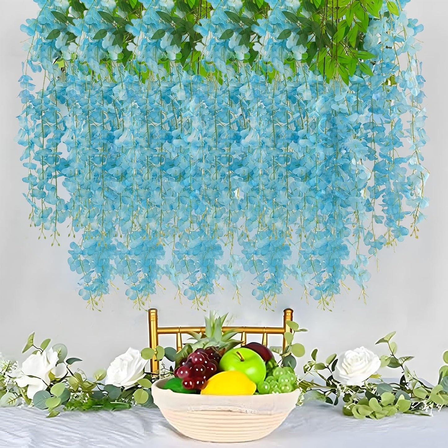 24 Pack Lake Blue Wisteria Hanging Flowers Garland, 3.77 Feet Artificial Flower Vines, Fake Wisteria, Artificial Vines Hanging Garland for Backdrop Outdoor Yard Garden Decor