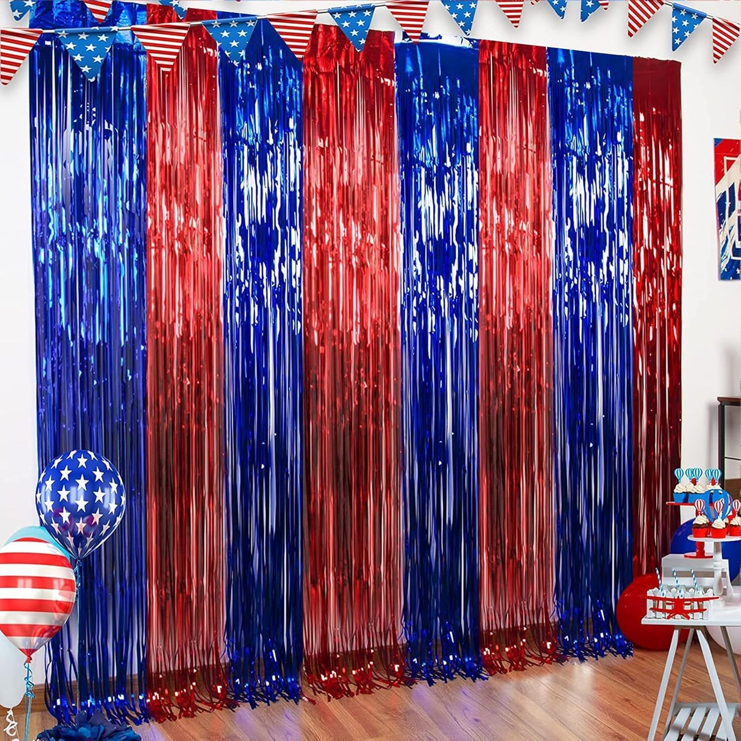 CANREVEL 2 Pack 3.3x8.2 Feet Blue and Red Foil Fringe Backdrop Curtains, Tinsel Streamers Birthday Party Decorations, Fringe Backdrop for Graduation, Carnival, Circus Theme Party
