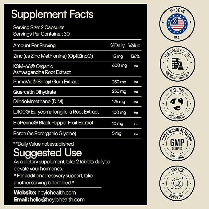 Heylo Man UP Men’s Vitality Supplement with Ashwagandha, Shilajit, Zinc, Tongkat Ali, DIM, Quercetin & BioPerine – Supports Energy, Hormone Balance & Stress – 60 Capsules