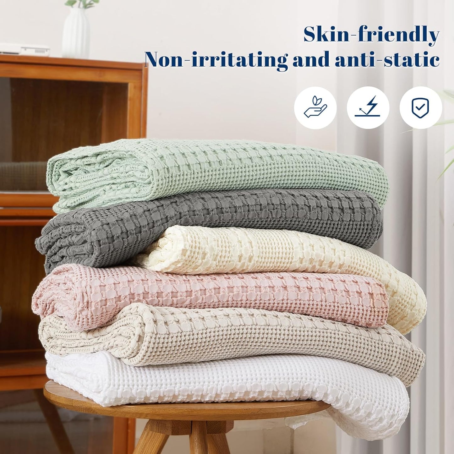 PHF 100% Cotton Waffle Weave Blanket Twin Size for Bed, Soft Lightweight & Breathable, All-Season Comfort, Luxury Aesthetic Woven Bedding for Home Decor, 66"x90", White