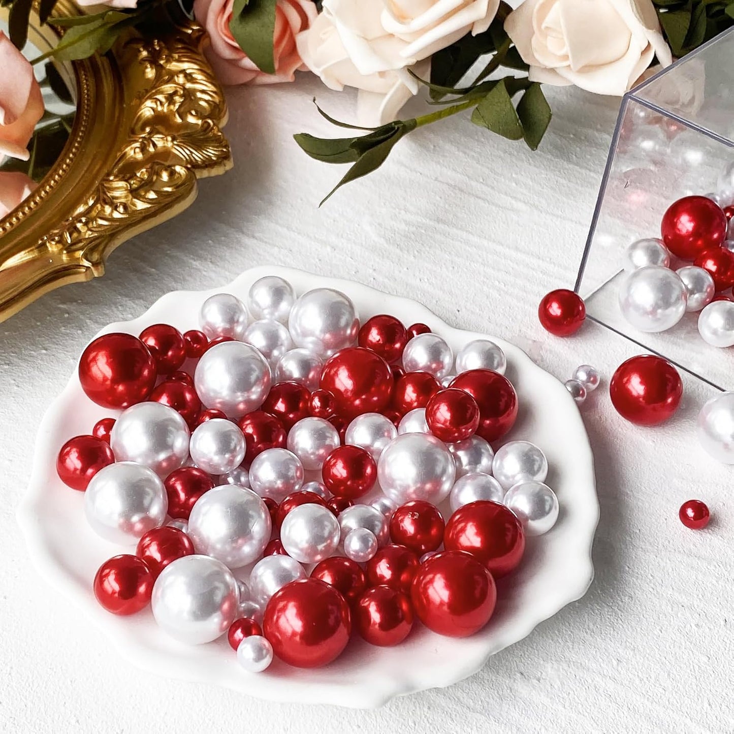 180PCS Red & White Beads for Centerpieces Vases, No Hole Polished Pearl Makeup Beads Mixed 8/14/20mm Sizes, Pearl Vase Fillers Table Scatters for Party Wedding Decor