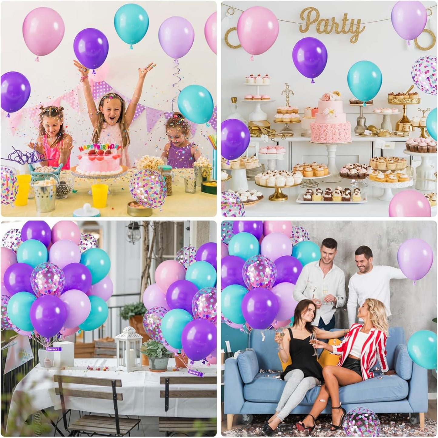 Mermaid Balloons, 12 Inch Blue Pink and Purple Balloons, Pastel Pink Latex Helium Balloons Teal Blue Purple Confetti Balloons for Girls Birthday Baby Shower Mermaid Princess Theme Decorations