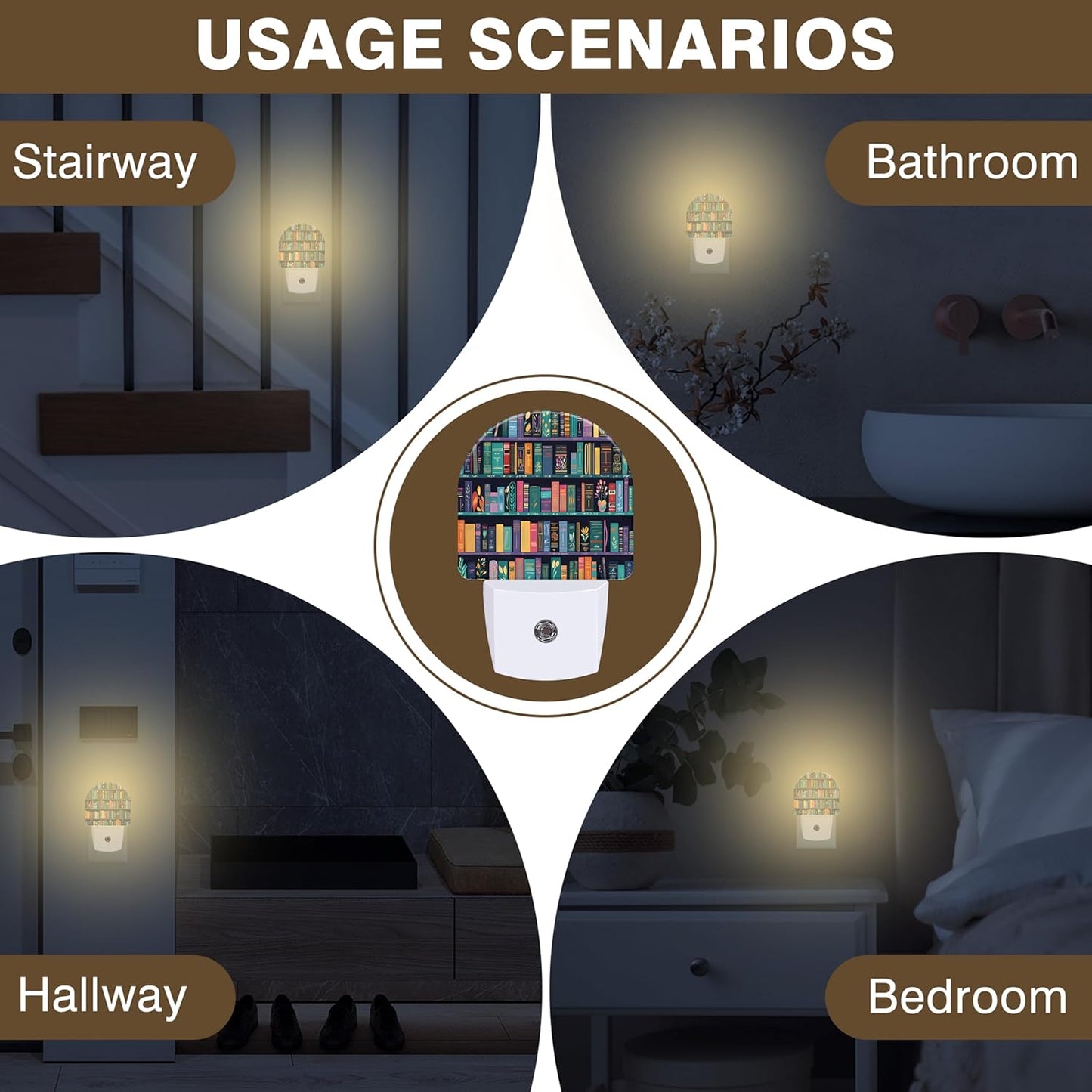 Book Night Light, Bookshelves Night Lights Plug into Wall Dusk to Dawn Sensor Round Nightlight for Women Men Energy Efficient Led Lamp 0.5W for Stairway Hallway Bedroom