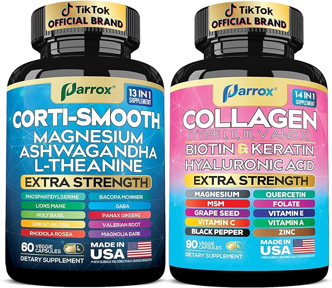 Shining Serenity Set, Cortisol Support with Ashwagandha, L-Theanine, Magnesium, Lions Mane, GABA, Bacopa Monnieri, Collagen I, II, III, V, X, Folate, Biotin, Keratin, Hyaluronic Acid, Quercetin