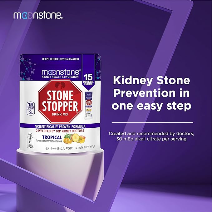 Moonstone Kidney Stone Stopper Drink Mix Tropical Flavor, Outperforms Chanca Piedra & Kidney Support Supplements, Developed by Urologists to Prevent Kidney Stones and Improve Hydration, 15 Day Supply