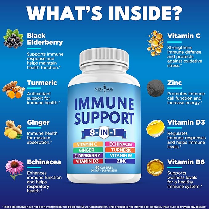 NEW AGE 8 in 1 Immune Support Booster Supplement with Echinacea, Vitamin C and Zinc 50mg, Vitamin D 5000 IU, Turmeric Curcumin & Ginger, B6, Elderberry 60 Count (Pack of 1)