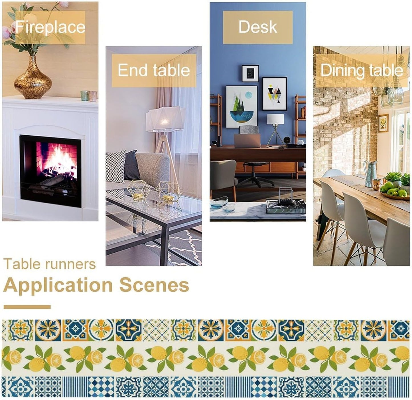 Lemon Table Runner,Watercolor Blue Fruits Green Leaves Print Table Cloth Kitchen Dining Table Home Party Decoration 13x108 Inch