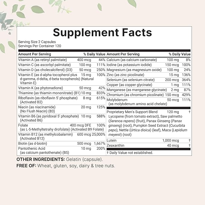 Pure Methylated Multivitamin for Men, 240 Capsules | 30 Key Nutrients with Vitamin C, D, E, B Complex + Methylfolate, lycopene, Saw Palmetto, Ginseng, & Maca | Men’s Daily Support | Filler Free