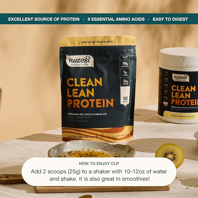 Nuzest - Pea Protein Powder - Clean Lean Protein, Premium Vegan Plant Based Protein Powder, Dairy Free, Gluten Free, GMO Free, Protein Shake (8.8 Ounce (Pack of 1), Salted Caramel)