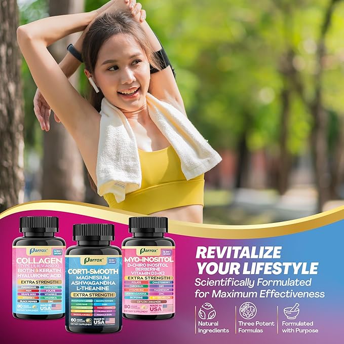 She Shines Set, Collagen Peptides Types I, II, III, V, X, Biotin, Keratin, Myo Inositol, D-Chiro Inositol, DIM, Vitex, Berberine, Cortisol Support, Magnesium, Ashwagandha, L-Theanine Lions Mane