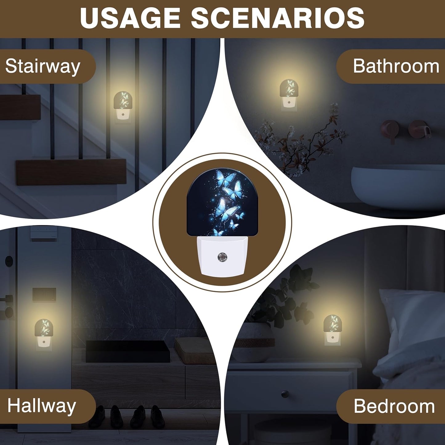 Night Lights Plug into Wall Glowing Blue Butterfly Night Light Dusk to Dawn Smart Sensor Decorative Round Led Lamp for Bedroom Kitchen Hallway Nightlight for Women Men