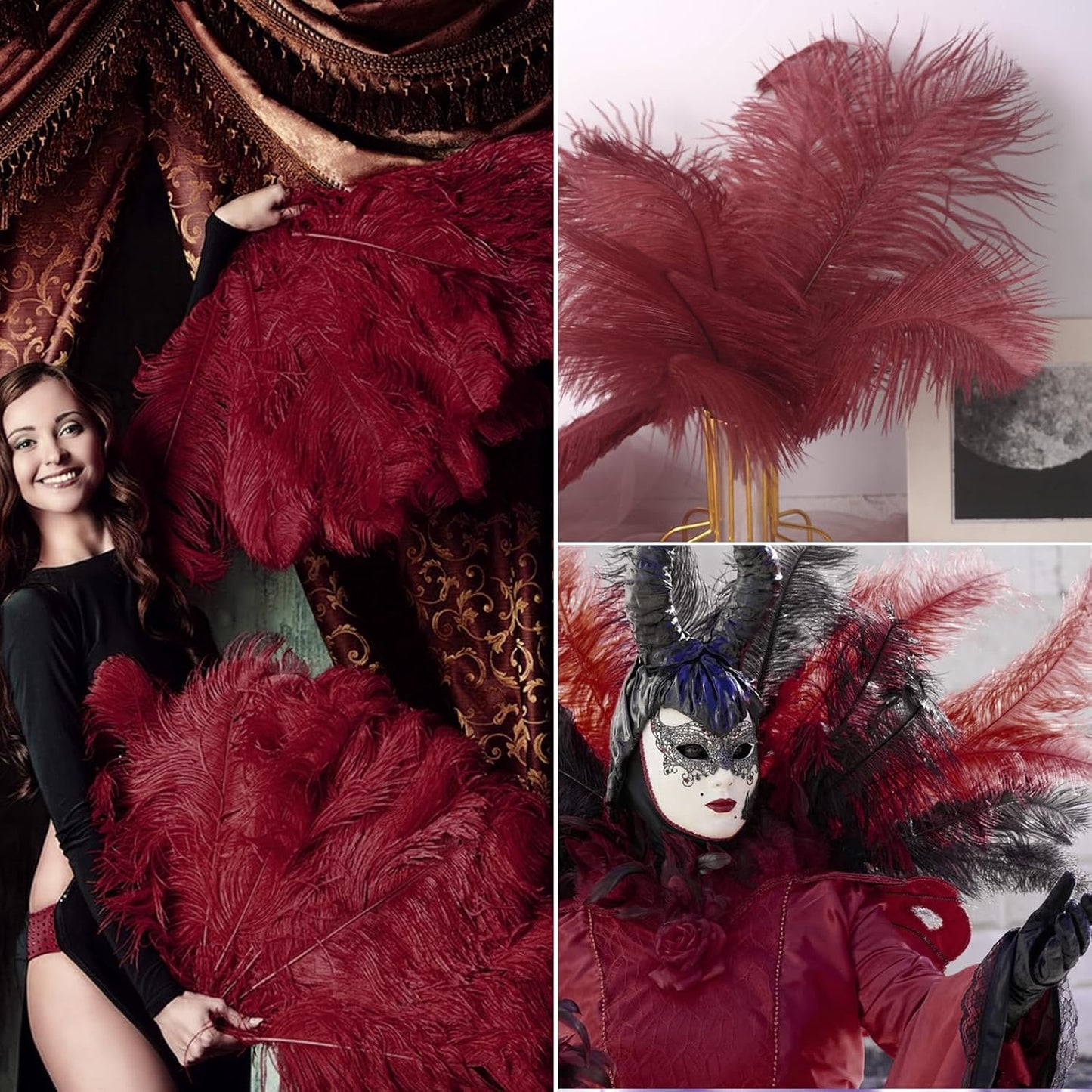 NEWONG 30pcs Wine red Ostrich Feathers Natural Bulk 9-12in(23-30cm) Vase Craft Wedding Home Party Centerpieces Christmas Day Decoration