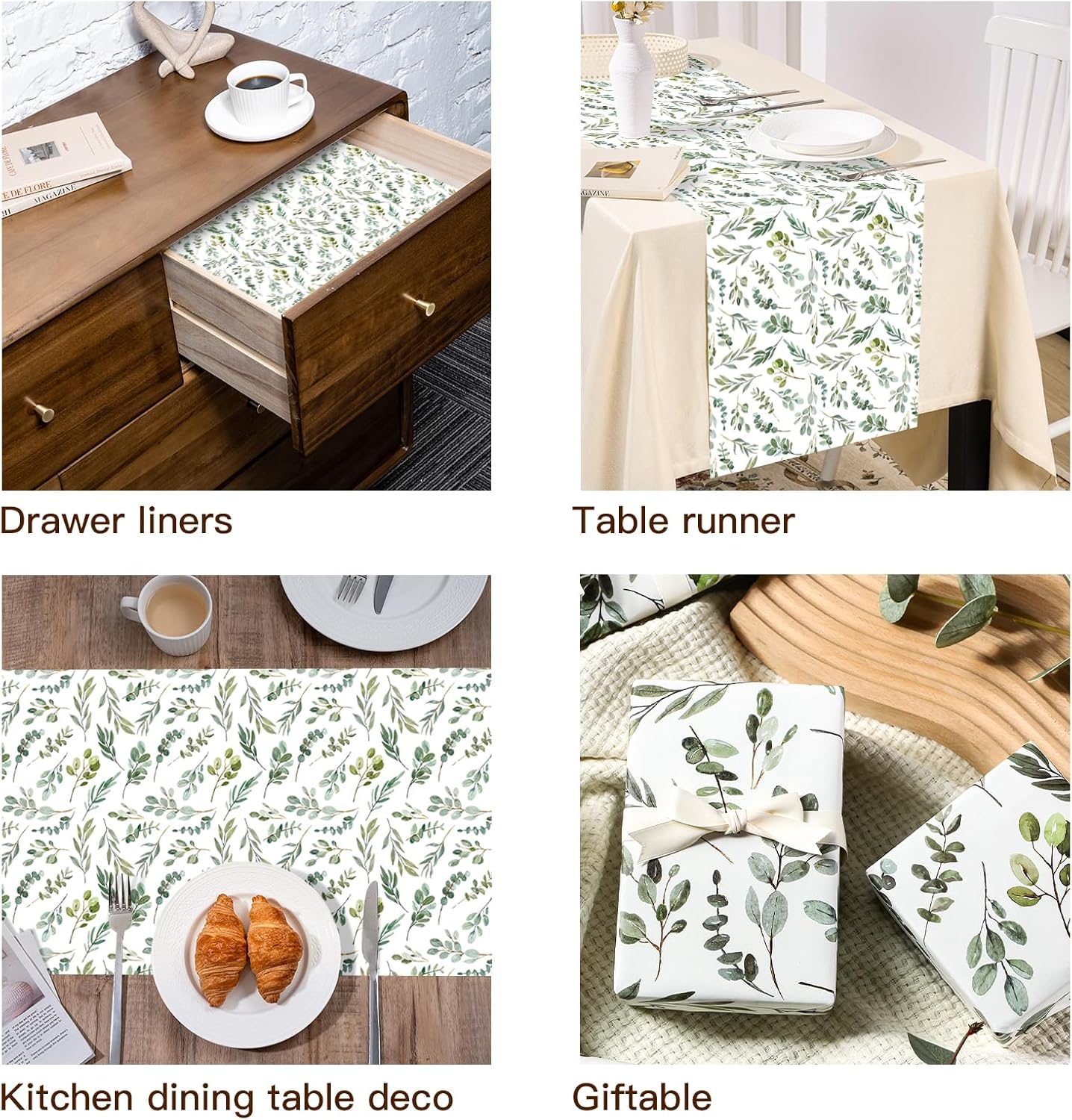 WRAPAHOLIC Kraft Wrapping Paper - Mini Roll - 17 Inch x 16.5 Feet - Eucalyptus Leaves Wrapping Paper for Wedding, Birthday, Bridal Shower, Tea Party, Drawer Liners, Home Closet Shelves