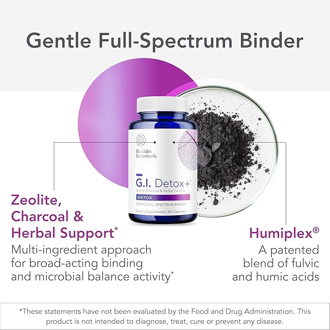 Biocidin G.I. Detox+ Activated Charcoal Binder & Zeolite Detox Supplements with Silica - Helps Bind & Clear Toxins - Supports Full Body Cleansing and May Reduce Bloating (60 Capsules)