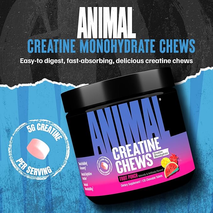 Animal Creatine Chews Tablets - Enhanced Creatine Monohydrate with AstraGin to Improve Absorption, Sea Salt for Added Pumps, Delicious and Convenient Chewable Tablets - Fruit Punch