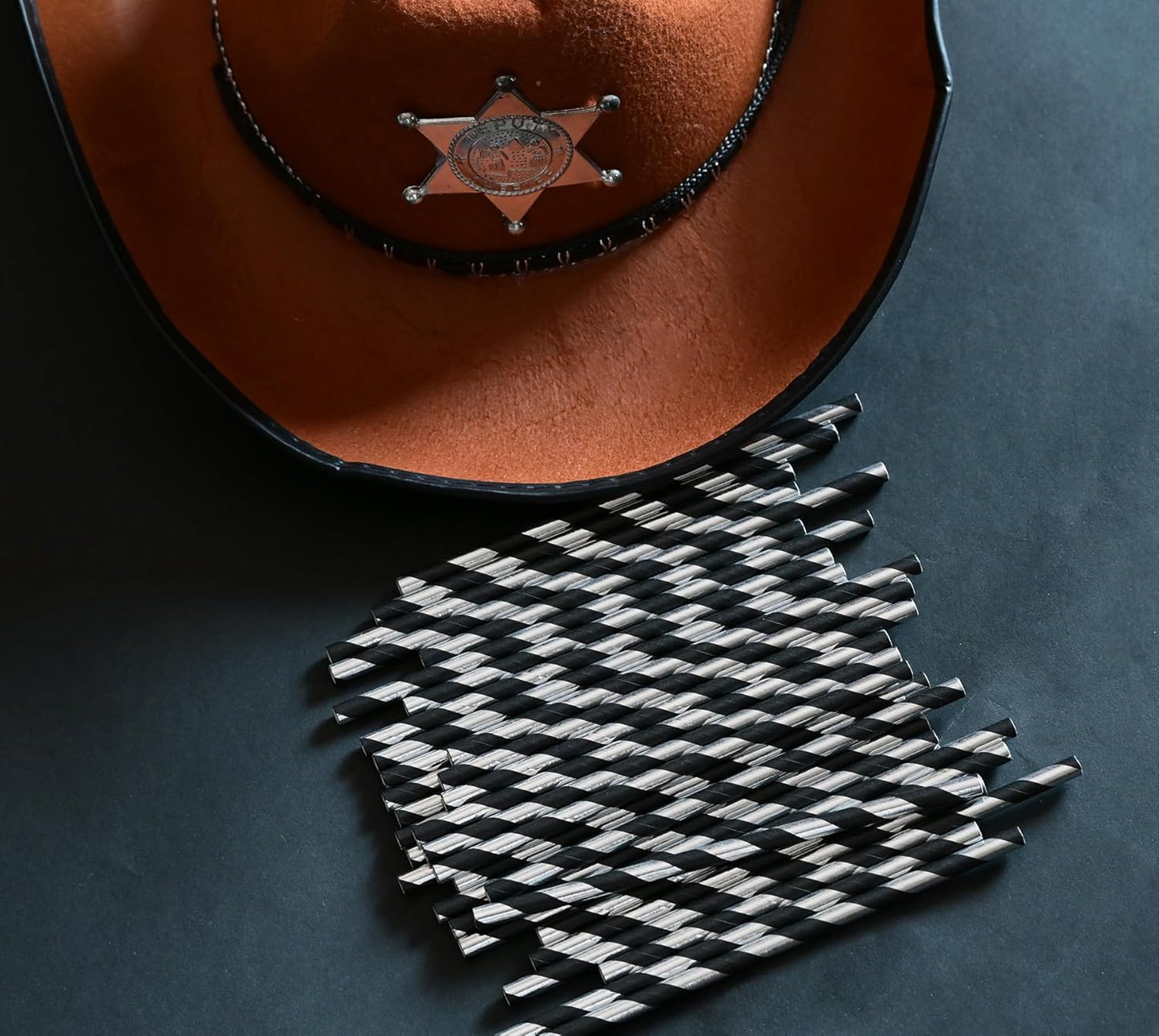 Cocktail Paper Straws - Black Silver Striped Biodegradable Disposable Drinking Straws for Brithday, Wedding, Holiday, Cake Pop Sticks - 5.75 inch