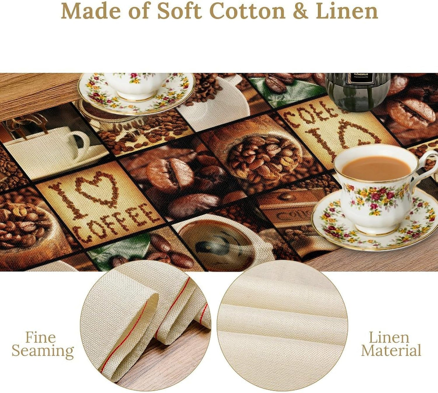 Coffee Theme Table Runner, Retro Farmhouse Coffee Cup Latte Cappuccino Tea Party Cafe Table Center Decor for Home Kitchen Dining Patio Holiday Party Indoor Outdoor Table Decorations,13"x72" Inch