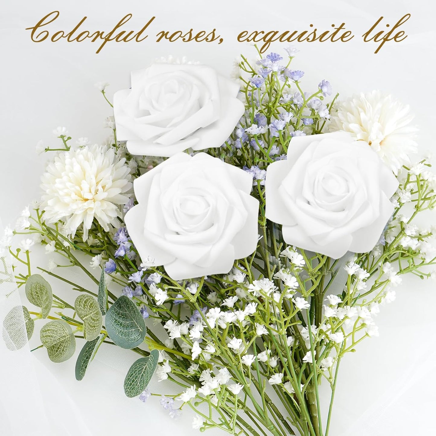 BLEUM CADE 16Pcs Artificial Flowers Fake Roses with Stems, White Boxed Foam Roses for DIY Bouquets Centerpieces Wedding Party Arrangement Bridal Shower Decor