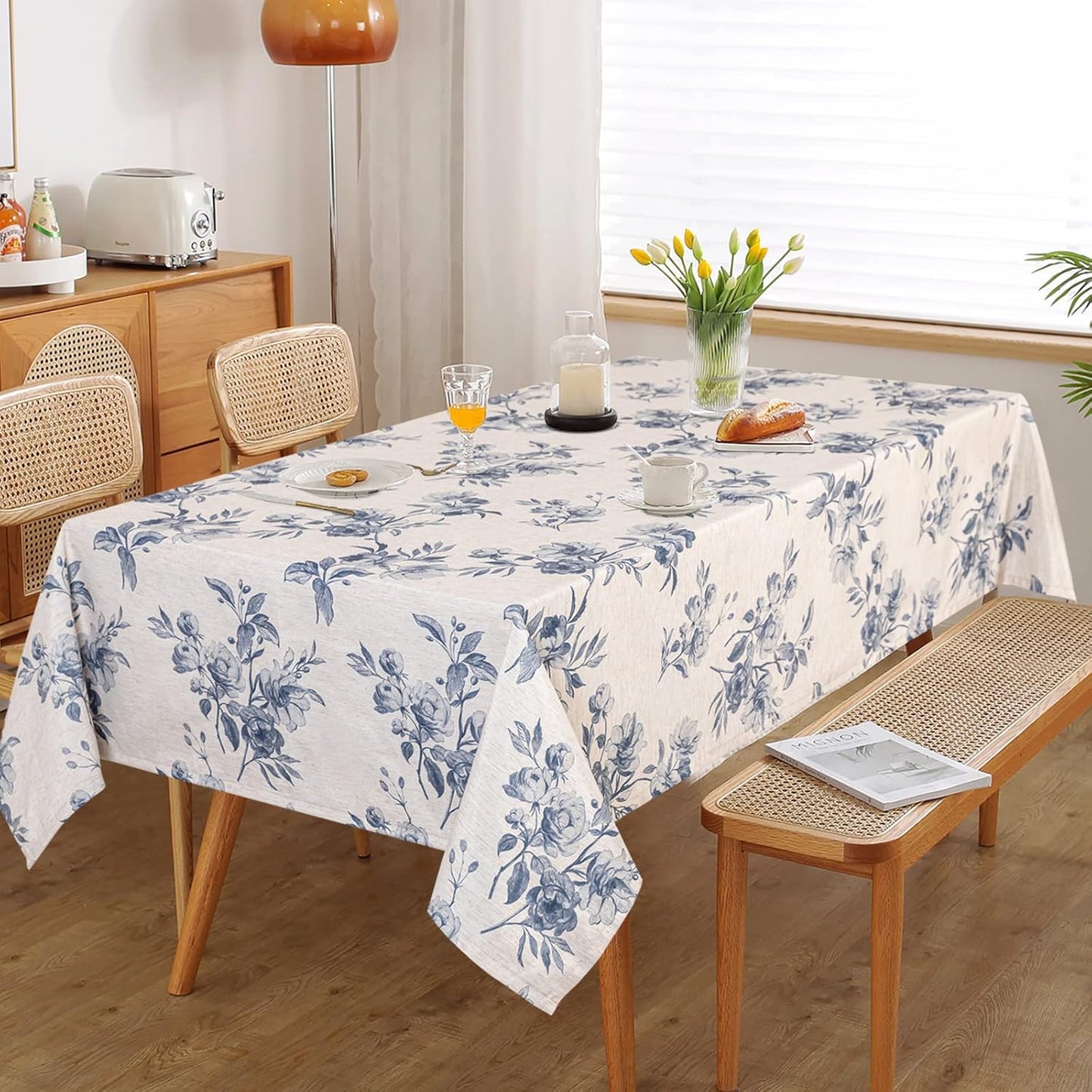 MYSKY HOME Rectangle 60x84 Inches, Tablecloth Linen Farmhouse Tablecloth Waterproof Decorative Grey Fabric Table Cloth for Kitchen Dining Floral Tablecloth for 8 Feet Table Blue Flower Tablecloth